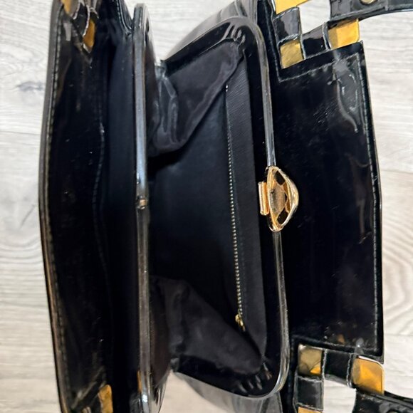 Lux Black Patent Leather Handbag Glossy VTG 60s Top Handles Gold Tone Hardware - Picture 6 of 14